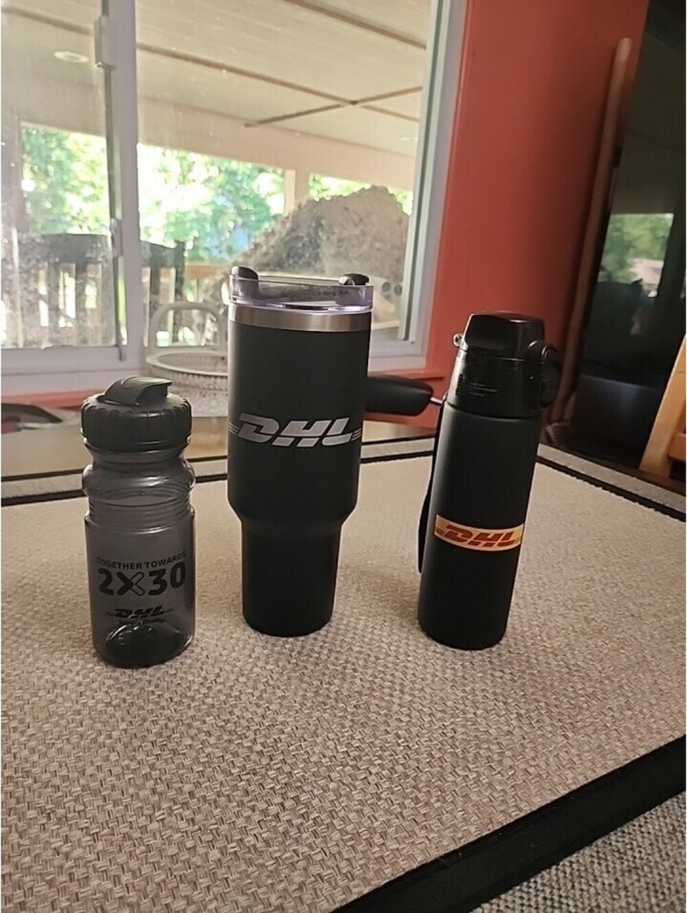 Set Of 3 DHL Logo Travel Mugs. Great Condition!